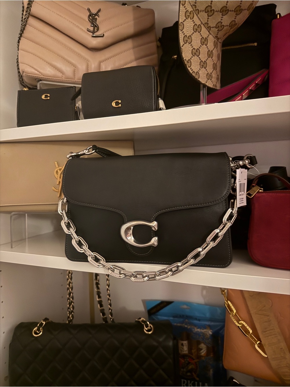 Coach Black Leather Shoulder Bag with Silver 'C' Chain